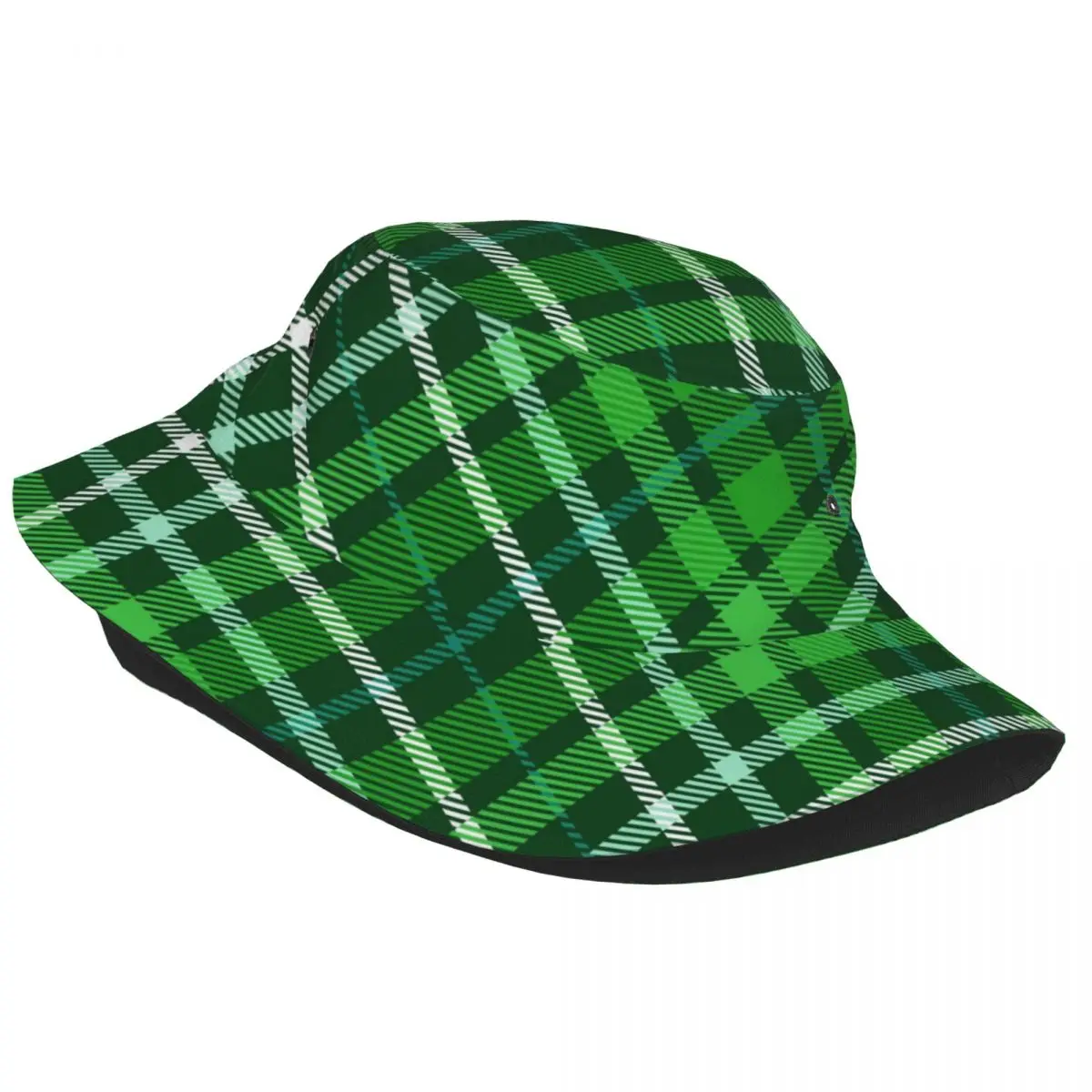 Dark Green Plaid Check Pattern Bucket Hat Fisherman Foldable Women Men Sunscreen Shade Cap