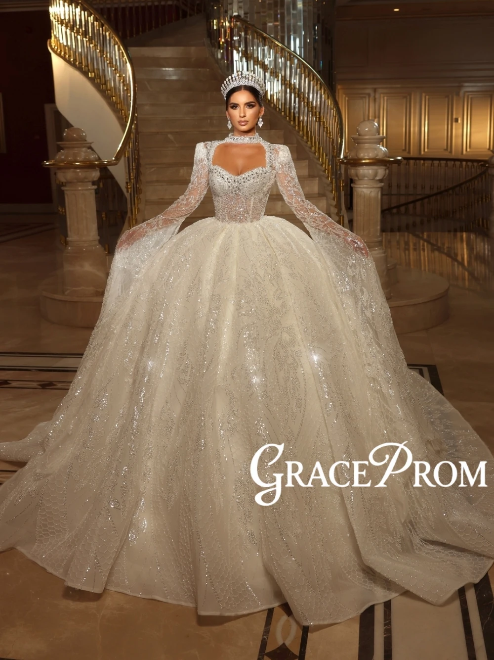 Chic Elegant High Neck Long Sleeved Wedding Dress Sparkly Beaded Ball Gown With Intricate Lace Detailing For Brides Customized