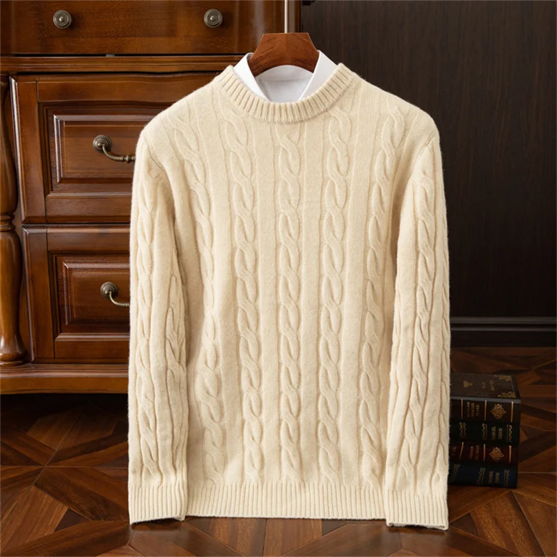 24 Autumn/Winter New Arrivals 100% Pure Cashmere Sweater Men's Round Neck Double Strand Thickened Twisted Flower Swe Loose Warm