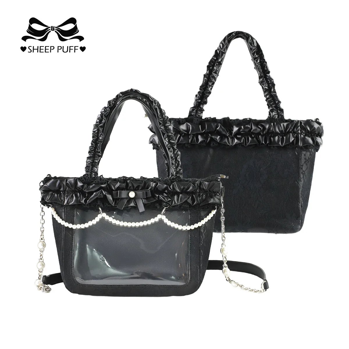 Japanese Original Lolita Lace Satin Edge Cute Bow Pearl Chain Shoulder Bag Sweet and Cute Large Capacity Lolita Shoulder Handbag