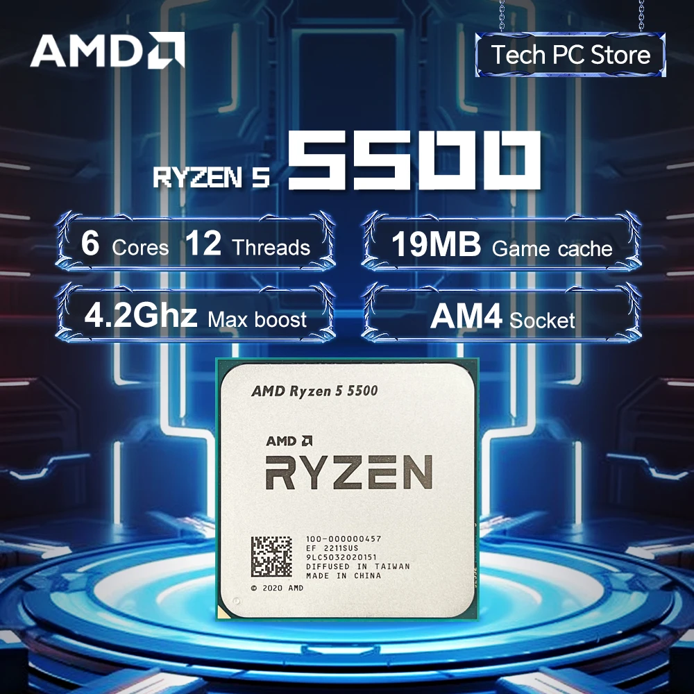 AMD Ryzen 5 5500 3.6GHz 6-Core 12-Thread 65W R5 5500 Socket AM4 7NM L3=16M Processor DDR4 No Fan