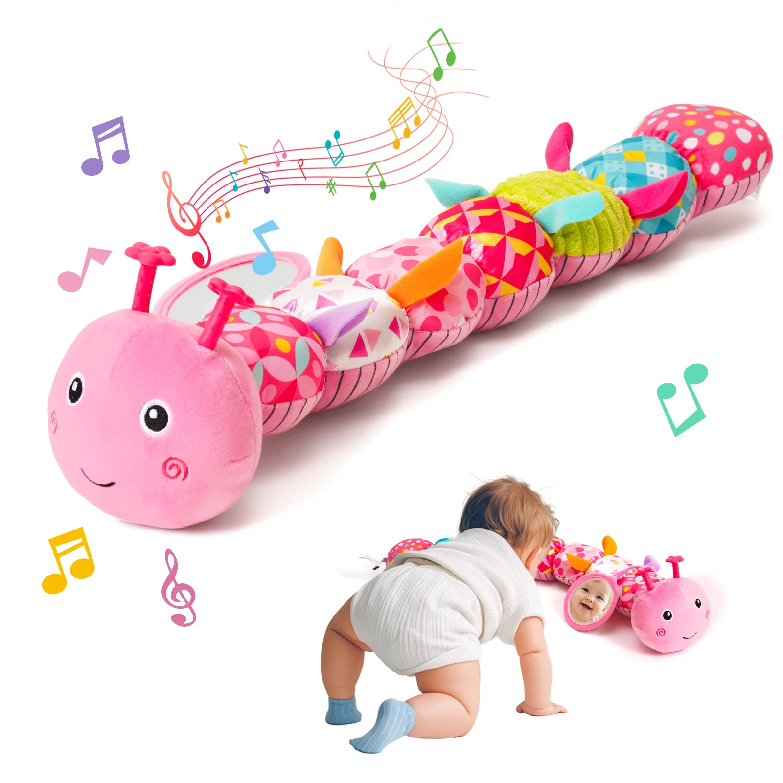 Baby Sensory Toys 0-6 Months Musical Stuffed Caterpillar Tummy Time Toys Montessori Newborn Toys with Mirror Crinkle Rattle