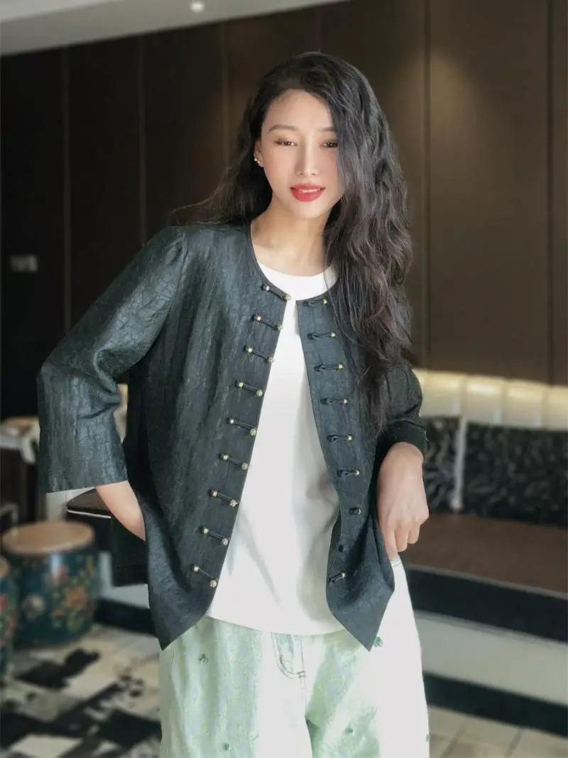 

Silk irt Women's Casual Sle Retro round Ne Single Button Multi-ket Traditional Chinese Sle Long Sve