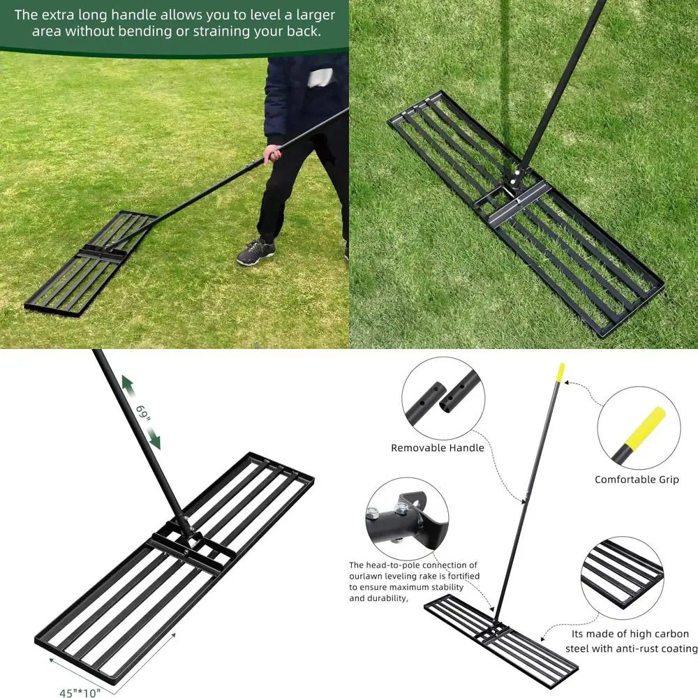 

45 Wide Heavy-Duty Lawn Leveling Rake with 69 Handle for Soil and Garden Maintenance