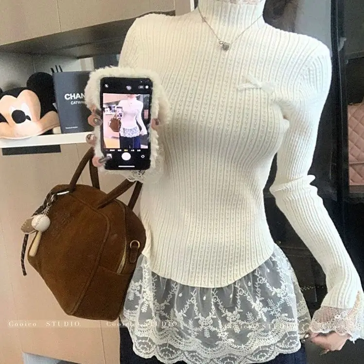 

French Lace Patchwork Half High Neck Base Shirt for Women's 2024 Autumn and Winter Design Sense Fit and Unique Trendy Base Shirt