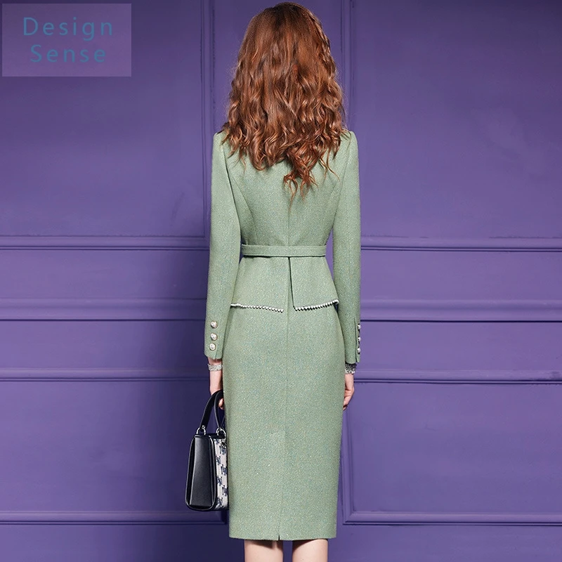 高品質の女性の通勤服ウールシャツドレス秋の新ファッションシックな高志ビーズ作業服スカート