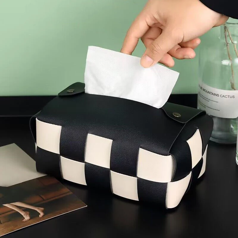 Checkerboard Woven Tissue Box PU Leather Napkin Case Living Room Office Desktop Home Decoration Creative Paper Towel Cover