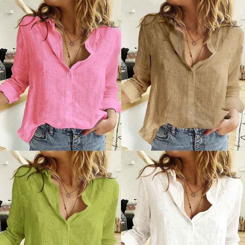 Elegant Cotton Linen Shirts Women Casual Solid Button Lapel Blouses Shirts Spring Summer Long Sleeve Loose Tops Tunic Blusas