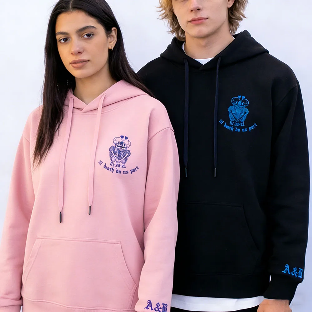 Sudaderas con capucha para parejas con estampado de calavera, nombre personalizado, fecha, hasta la muerte, sudaderas a juego, regalo de aniversario del Día de San Valentín para ella