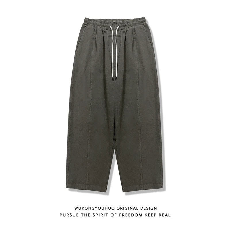 

Pure Color Wide Leg Workwear Pants Men's Loose Fit Casual Straight Leg Trousers Retro Japanese Sle Versatile Loose Elastic ...