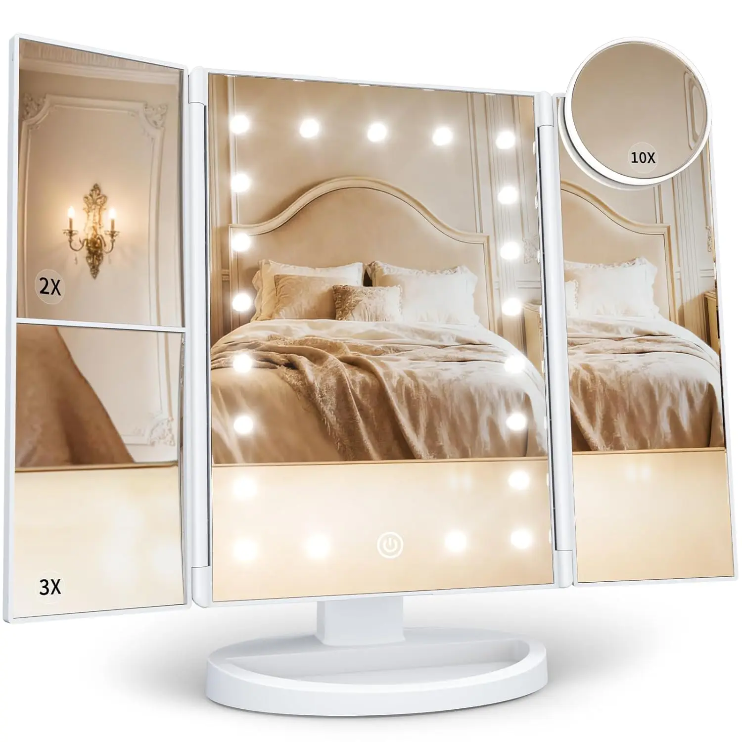 

Vanity Mirror with Lights, 2X/3X/10X Magnification, Touch Control, Trifold Design, Dual Power Supply - Perfect Gift for Women