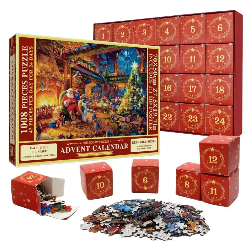 

Jigsaw Puzzle Christmas Advent Calendar 24 Days Countdown Calendar Christmas Advent 1008Pcs Christmas Puzzle Toy for Kids Gift