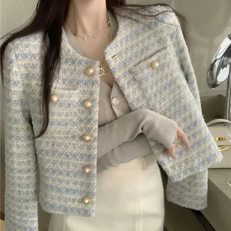 Romantic Tweed Style Blue Pearl Button Jacket for Women Spring Autumn New Round Neck Long Sleeve Woven Jackets