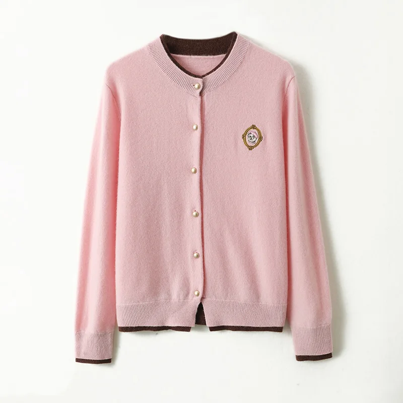 Fake Two-Piece Round-Neck Knit Sweater New Autumn And Winter 100% Cashmere Cardigan For Women Color-Blocking Embroidered Sweater