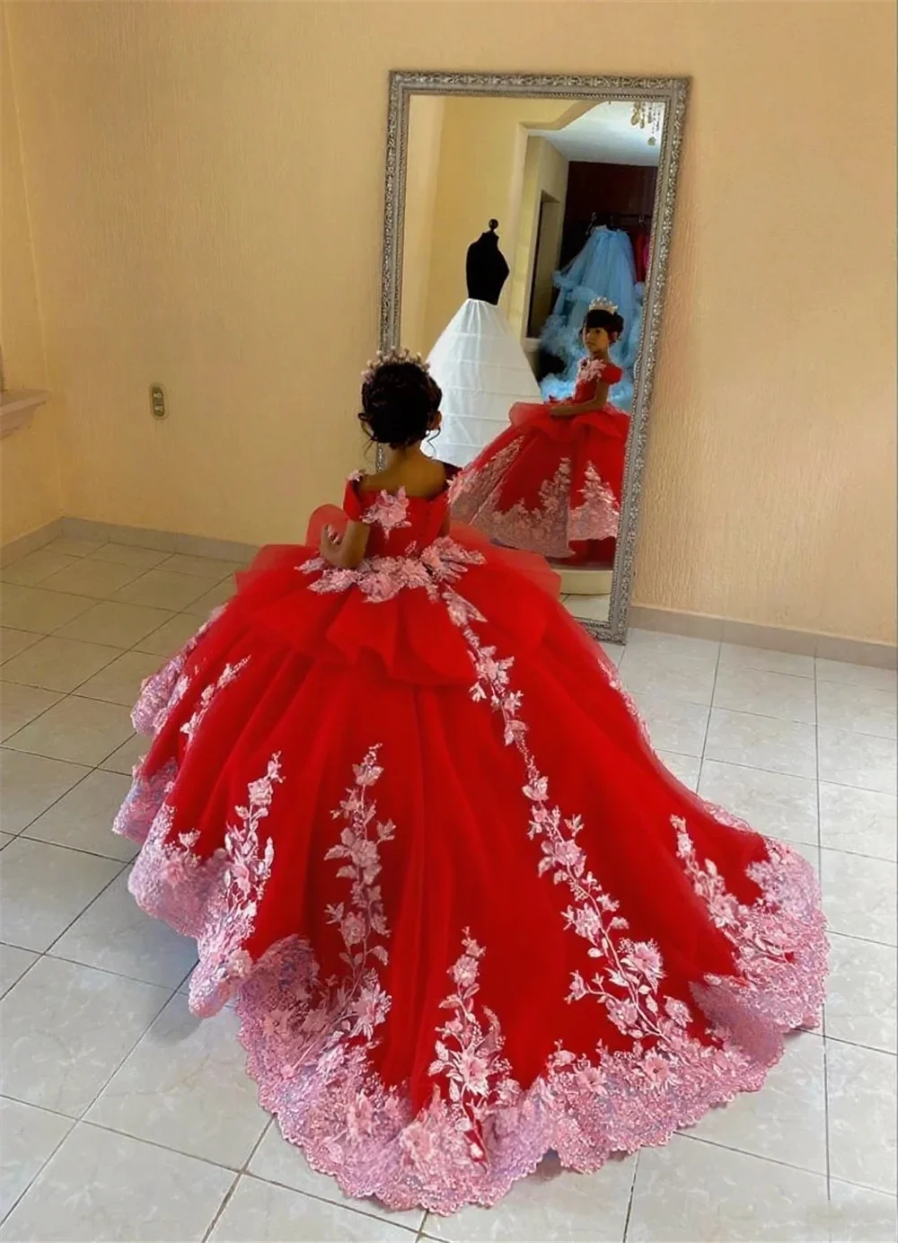 custom-flower-girl-dress-for-wedding-first-christmas-party-with-off-shoulder-lace-embroidery-oversized-back-bow-and-long-train