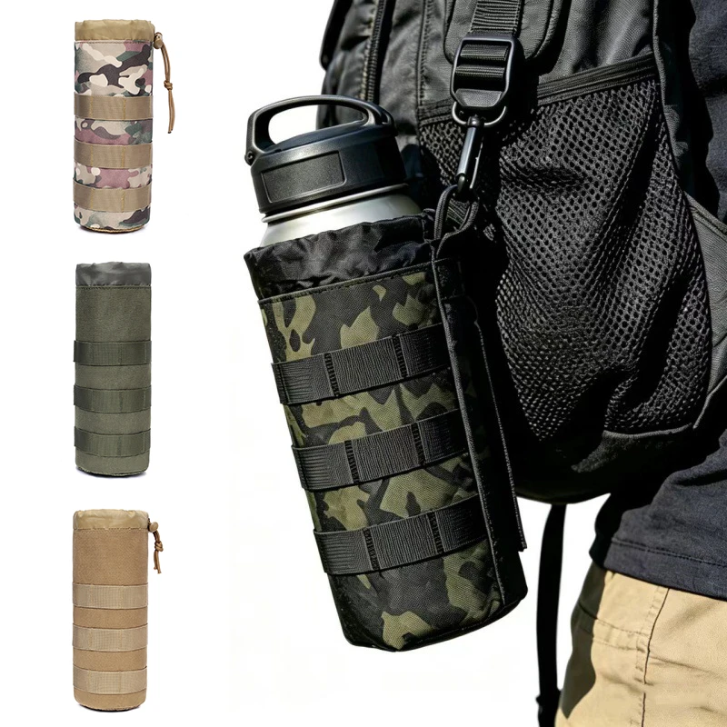 Neuer MOLLE Taktischer Wasserflaschenhalter aus 600D Nylon mit Kordelzug für Outdoor-Jagd, Wandern, Camping, 6 Farben
