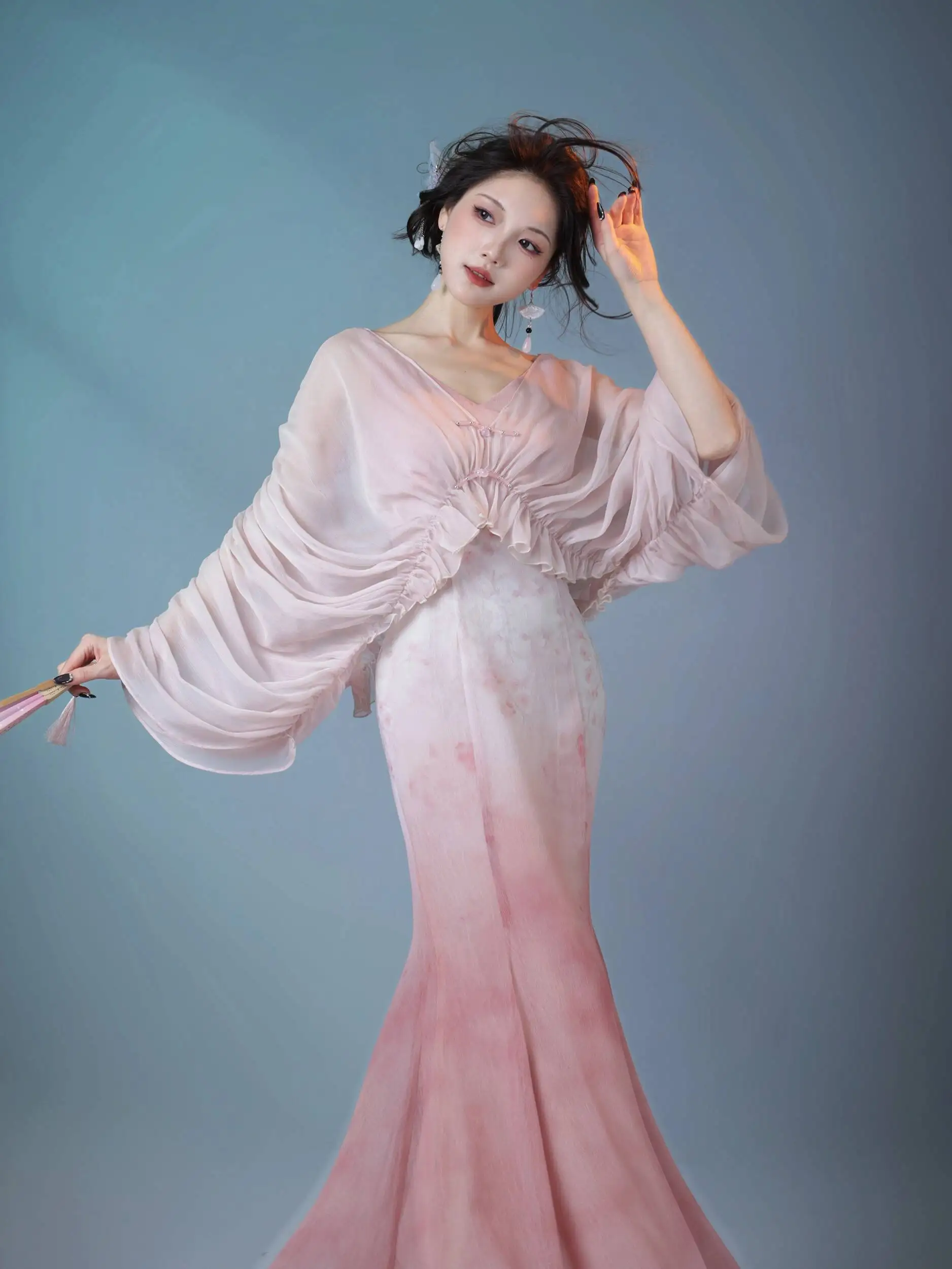 New Chinese Style Batwing Sleeve Powder Green Blue Chiffon Versatile Sunscreen Sun Protection Jacket Cheongsam view 2