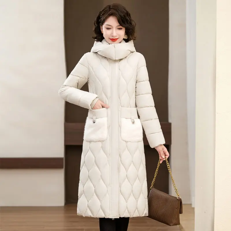 2024 Winter Long  Cotton Jacket Women Zipper Loose Padded Coat Female Solid Thickening Warm Parka Jackets  White ﻿ LX249