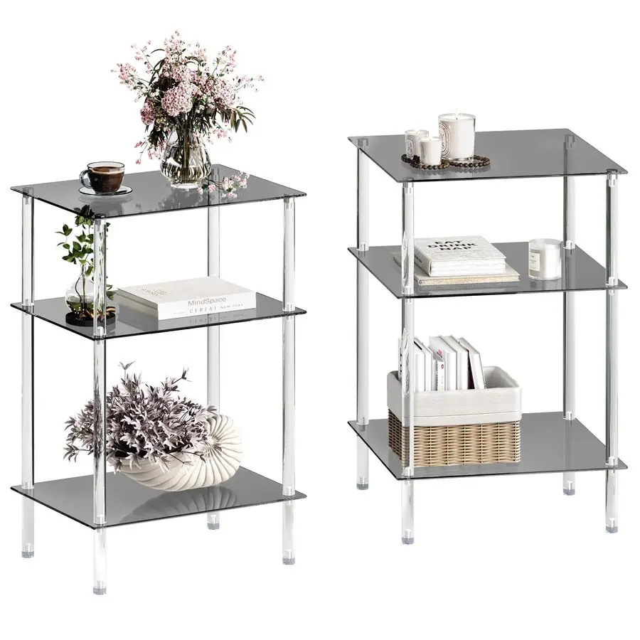 

Glass Side Tables Set of 2 Acrylic End Table with 3 Storage Shelve transparent Bedside simplicity clear 3Tier Nightstands for s