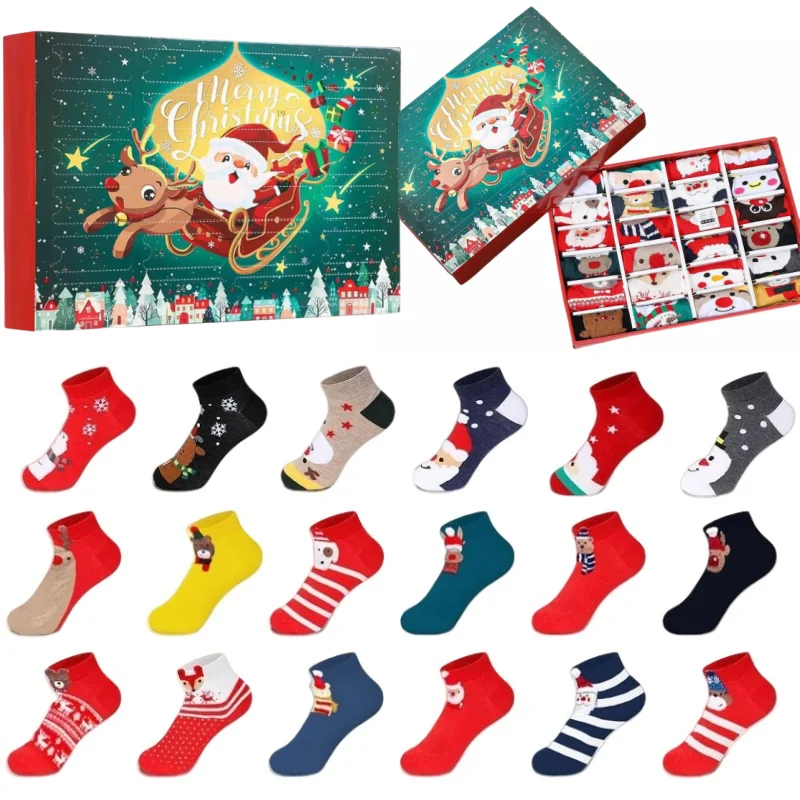 

Рождественские носки 2025 года, комплект адвент-календаря, 24 дня хлопковых носков с различным узором для взрослых, адвент-коробка, праздничный рождественский подарок