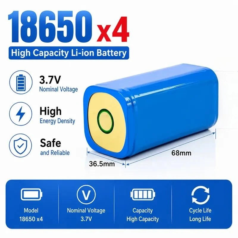 for 18650 Battery Pack 4 Cells 9600mAh 3.7V Li-ion Inner Positive Outer Negative for Strong Light Flashlight