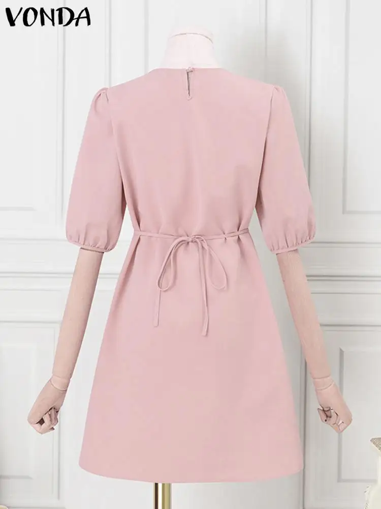 VONDA-Mini Robe Plissée à Manches Bouffantes pour Femme, Tenue d'Été Courte, Couleur Unie, Mode Élégante, Bureau, Décontractée, Éducative, 2024