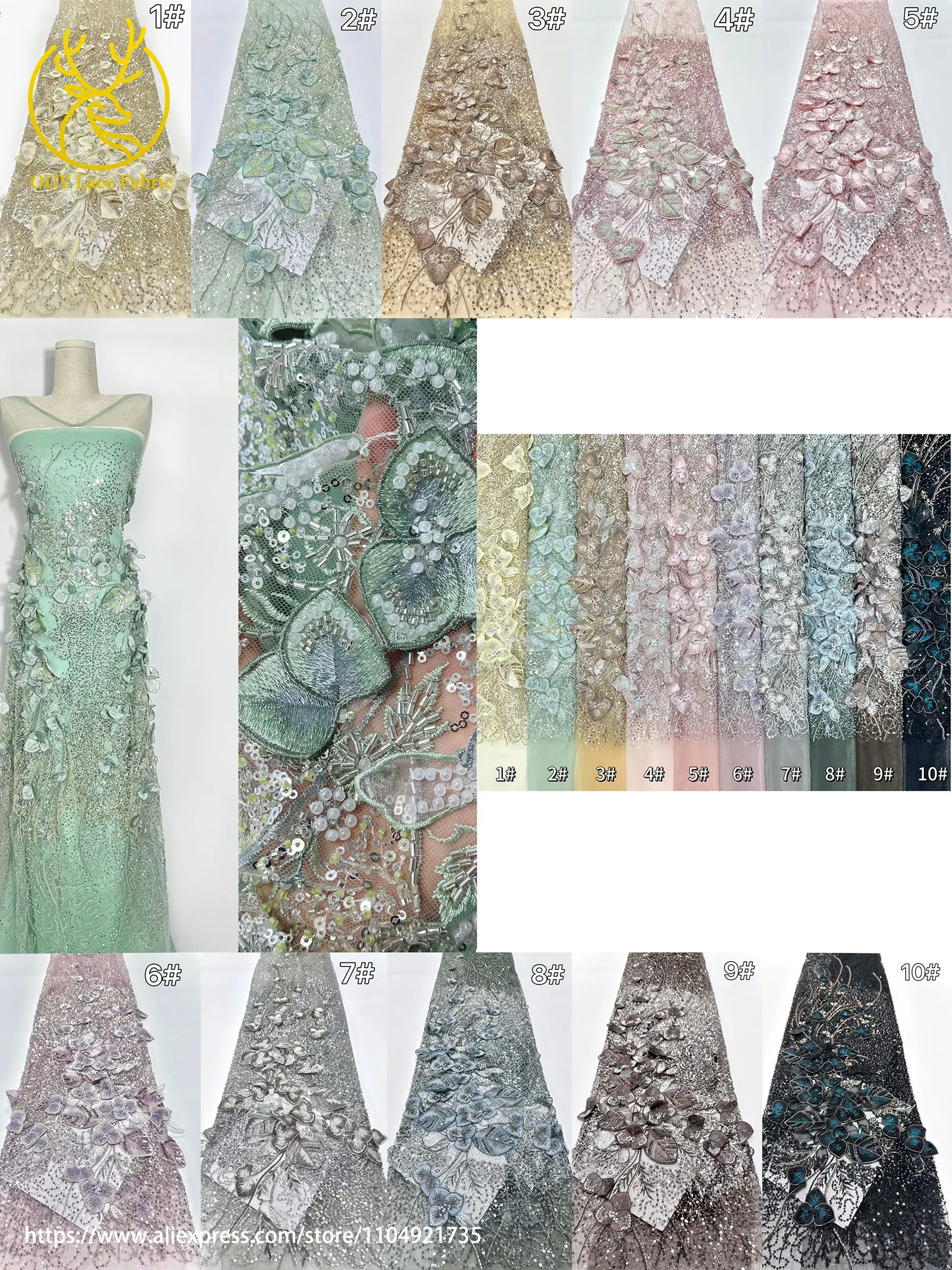 Französischer Luxus 3D-Blumen-Stickerei-Spitzenstoff 2026 Afrika Nigeria Pailletten-Perlen-Spitzenstoff für Braut-Hochzeitskleid Nähen – Detail 3