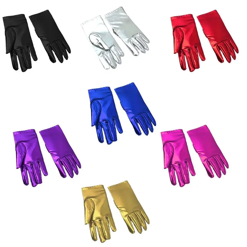 2024 New Women Faux Pantent Leather Spandex Short Gloves Shiny Metallic Solid Color Mittens Stage Performace Cosplay Costume