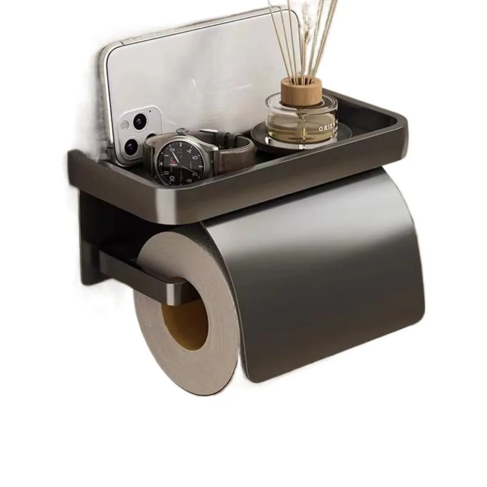 

Punch-free Toilet Paper Holder Baffle Design Wall-mounted 2-in-1 Paper Roll Rack Rustproof Phone Storage Tray