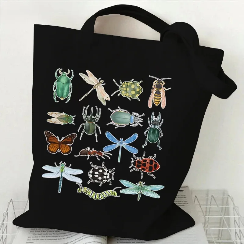 Funny Cute Insects Print Reusable Handbags for Students Entomology Lovers Cartoon Design Canvas Shopping Bag Women Tote Bags