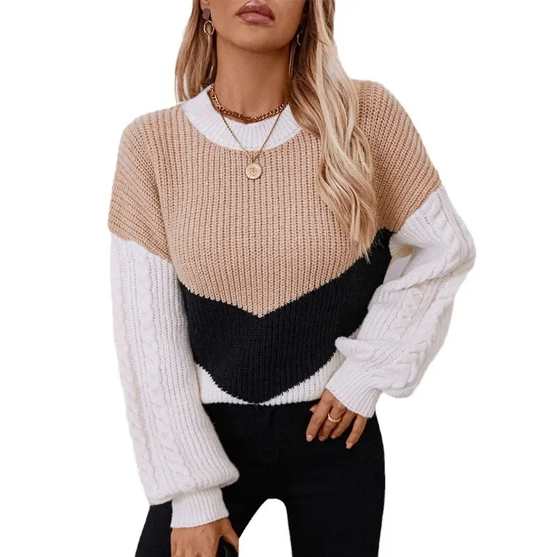 Pop Fashion Autumn Winter Women's Knitted Tops Female Contrast Casual Sweater Pullovers Lady Thicken Warm Knitwears Women's Clot