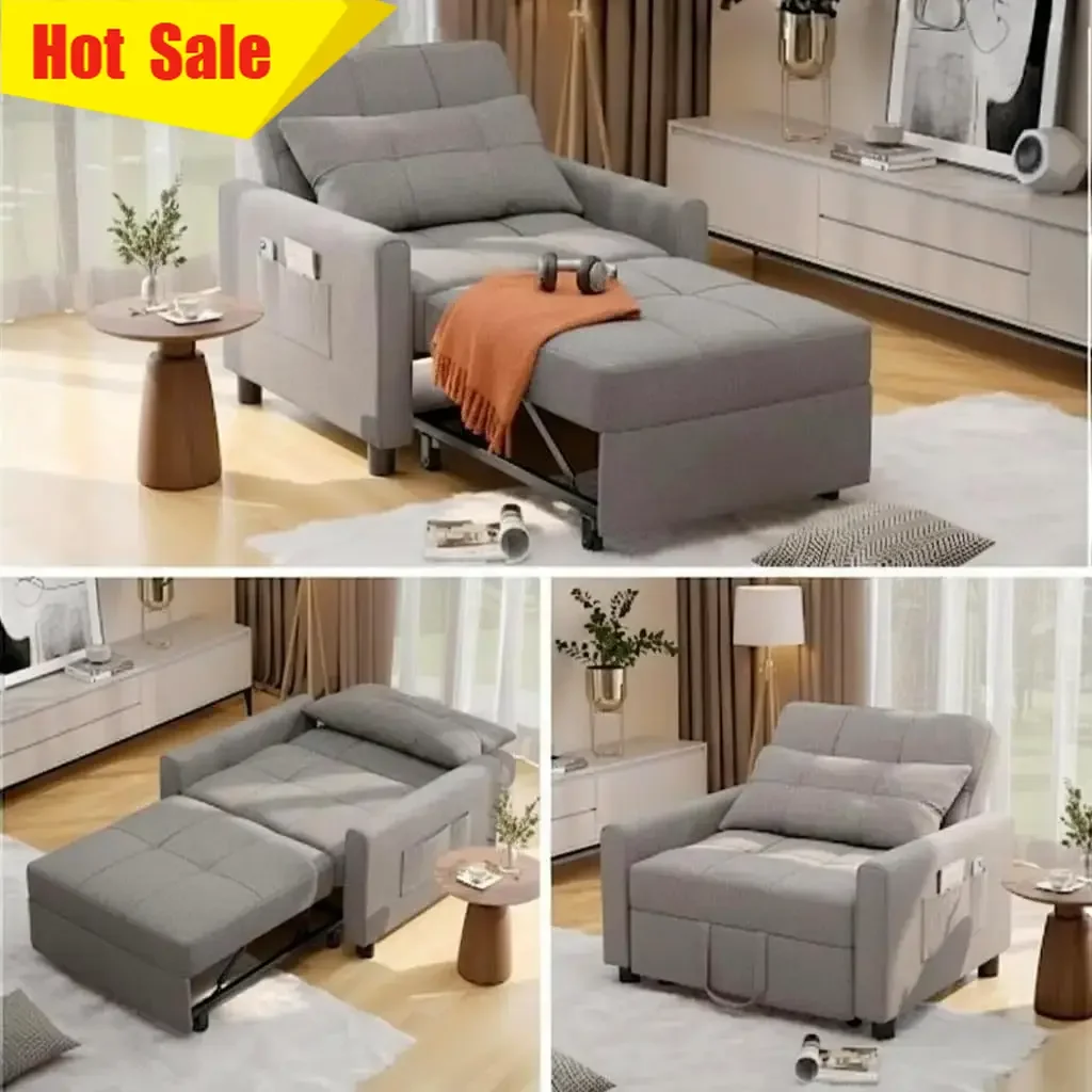 Convertible Sleeper Chair 3 in 1 Sofa Bed Adjustable Design Pillow Pocket Pull Out for Apartment Light Gray