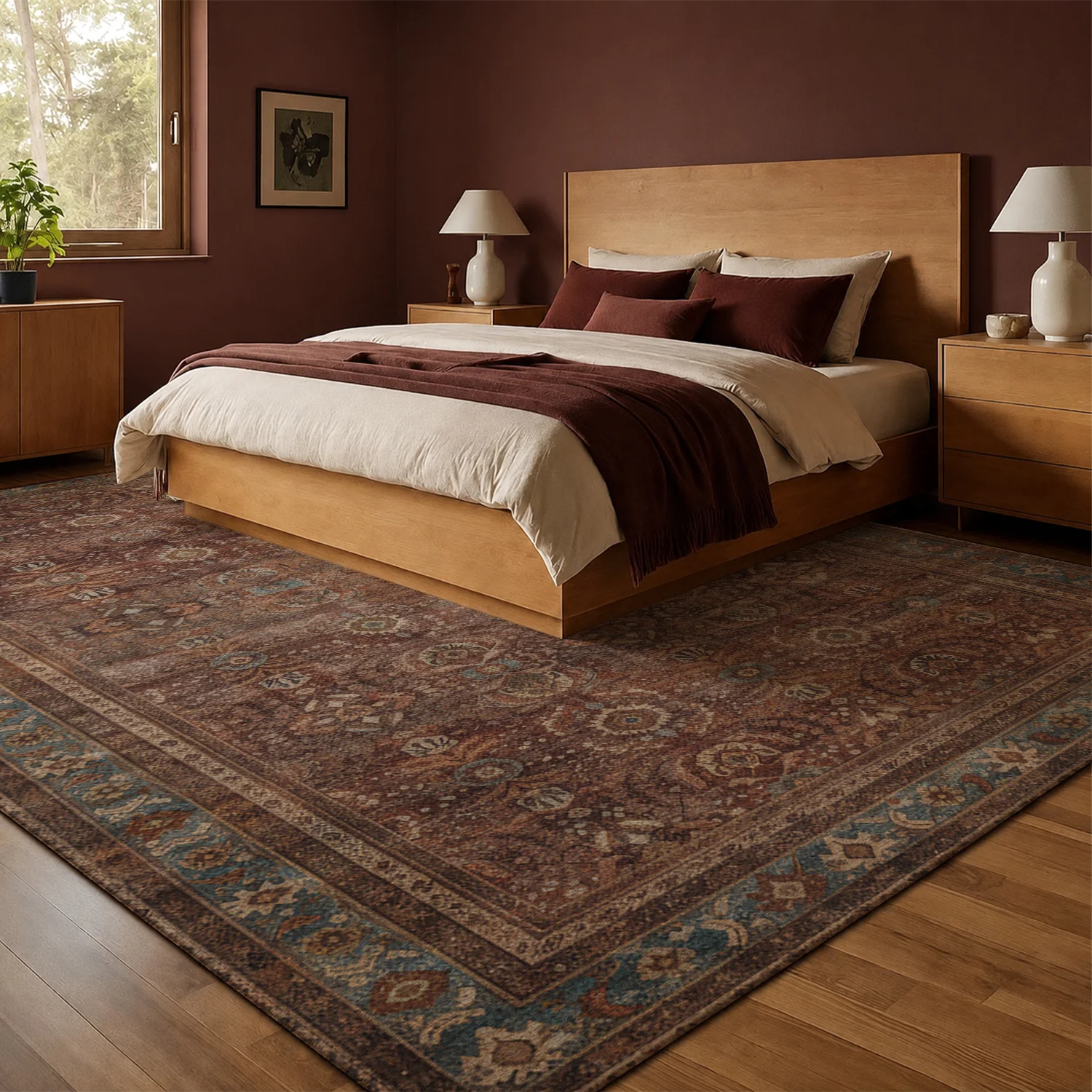 Large Indoor Area Rug, Soft Velvet Low Pile Rug with Non-Slip Dotted Backing, Machine Washable Vintage Distressed Persian Pattern Floor Rug for Living Room and Bedroom, Warm Brown Terracotta with Subtle Blue Accents