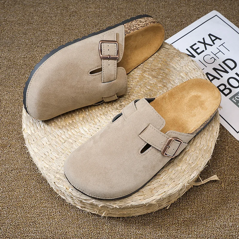 Original Leather Cork Mules Slippers Unisex Summer Luxury Men Shoes Daily Home Outdoor Solid Buckle Sandals Lovers Free Shipping