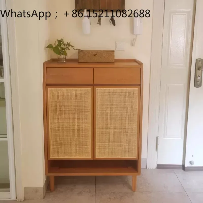 LLY solid wood shoe cabinet entry pine rattan storage cabinet balcony locker retro home living room entrance cabinet