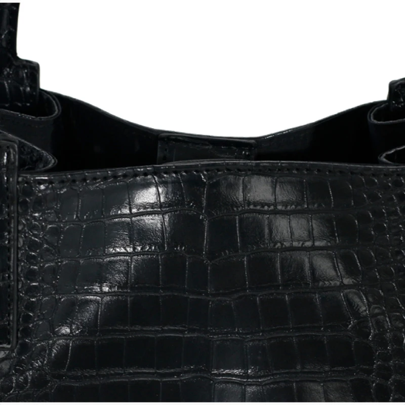 Krokodil-Textur Weiche PU-Tragetasche, Schwarze Minimalistische Damenhandtasche, Magnetverschluss, Einfarbige Vielseitige Schultertasche – Detail 7