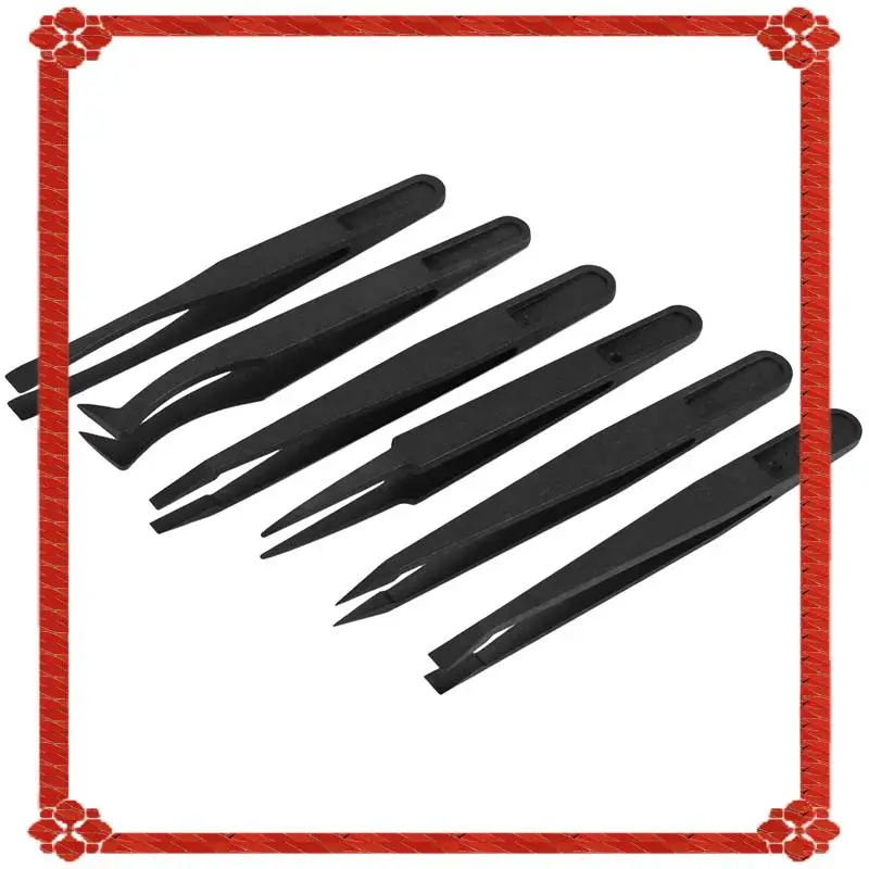 24-Hour Delivery  6PCS Precision Tweezer Set Plastic Anti Static Tool Kit Size 1/2/3/5/6/8 Each One(Black)