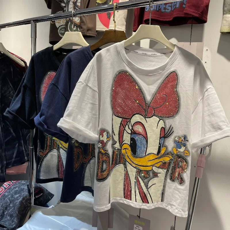 Sweet Cute Design Cartoon Pattern T-shirts Heavy Industry Sequins Color-Block Loose Tshirts Women's Top Crew Neck Pullovers Tees