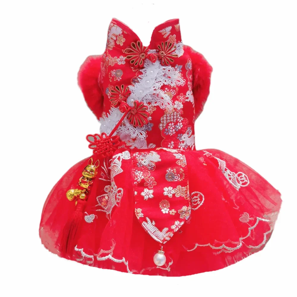 

Chinese New Year Red Pet Plus Velvet Edition Jade Rabbit Welcome Spring Cheongsam Cats Dogs Warm Winter Tang Suit Pet Clothes