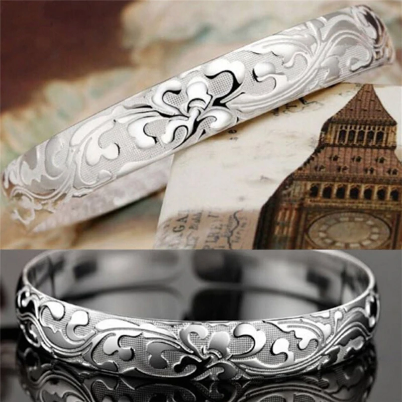 Hot Women\'s Silver Plated Bezel Cuff Bangle Open Bracelet Female Models Blossoming Jewelry