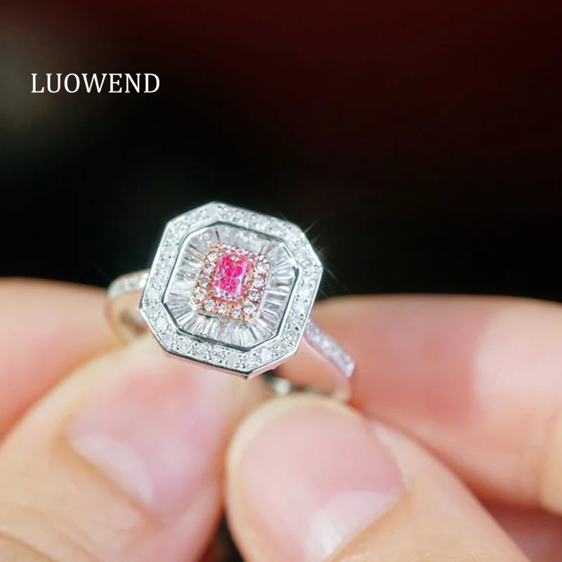 

LUOWEND 100% 18K White Gold Rings Women Luxury Vintage Style Real Natural Pink Diamond Ring or Pendant High Party Jewelry