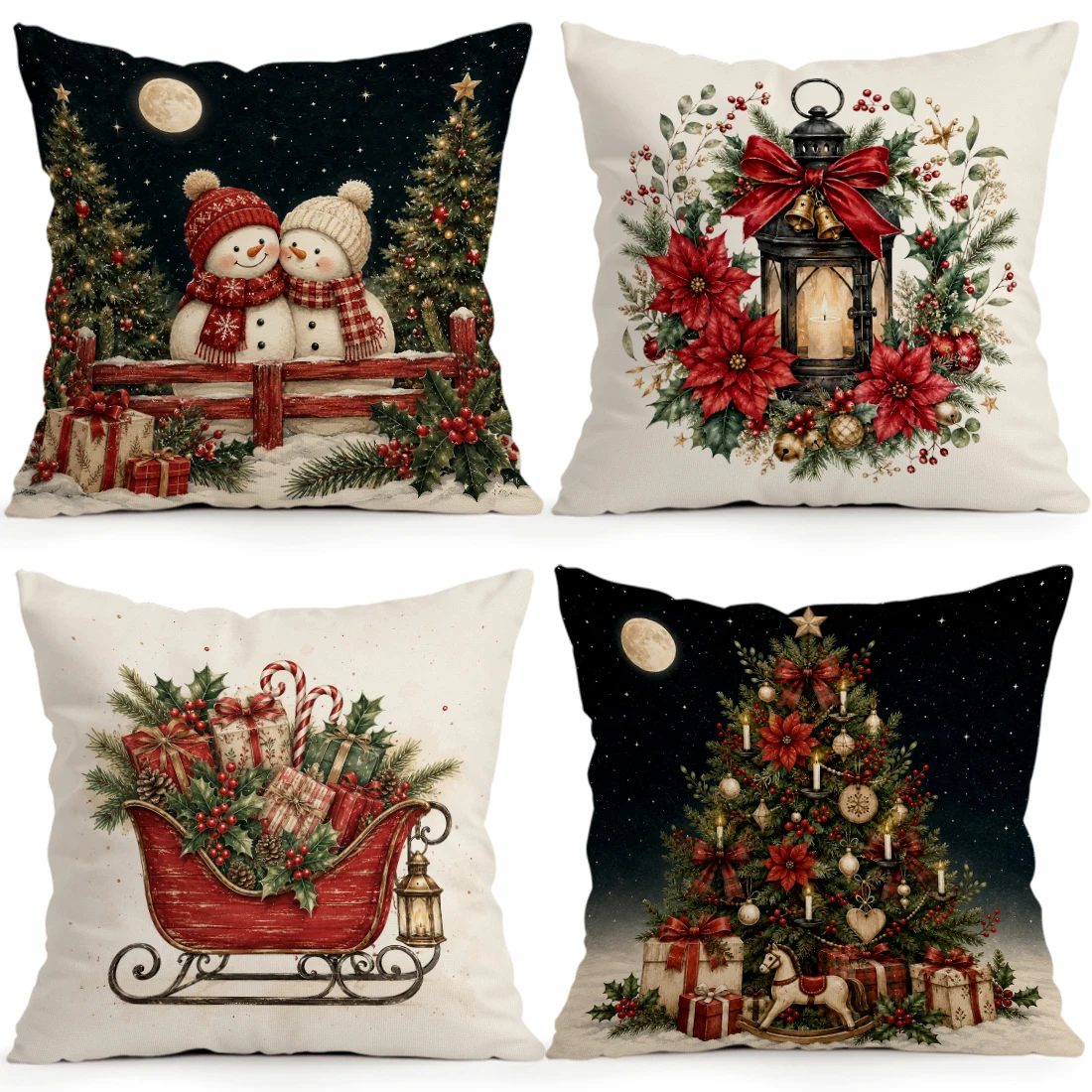 Vintage Christmas Sleigh Pillowcase Printed Polyester 40/45/50cm Throw Pillowcover Decorative Sofa Cushion Pillowslip Home Decor