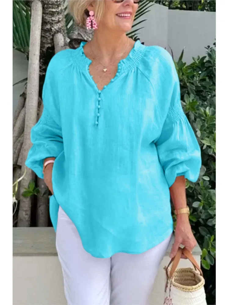 แฟชั่นผ้าฝ้ายลินินสีทึบเสื้อหลวมสำหรับฤดูใบไม้ผลิฤดูร้อนผู้หญิงลำลองหลวมคอวีปุ่มแขนยาว