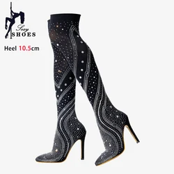 Slim Leg Long Boots Women Pointed Toe Stiletto Heels Bling Rhinestone Model Catwalk Shoes Lady Over-the-Knee Stretch Sock Boots