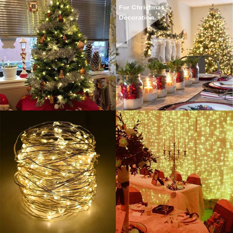 Waterproof 8 Mode LED Copper Wire String Light Fairy Garland Christmas Lights Outdoor Remote Control Battery Power Wedding Decor