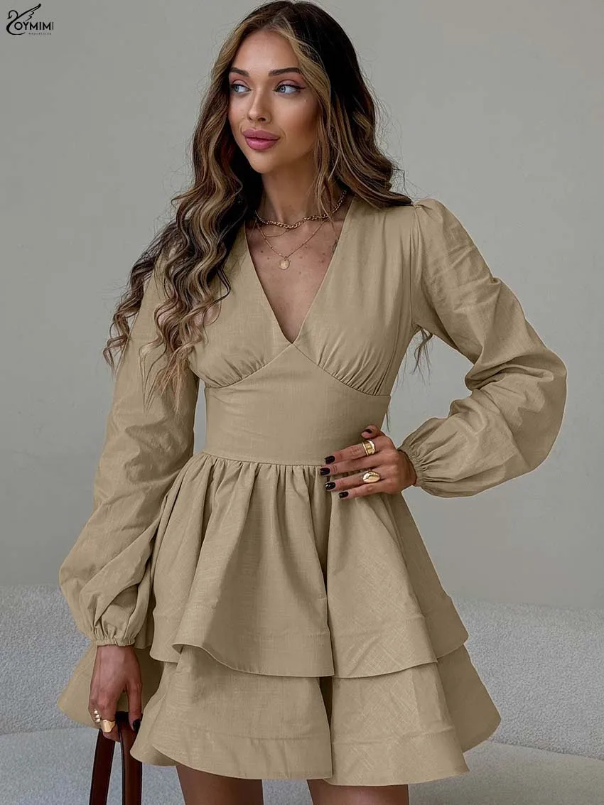 

Oymimi Casual Khaki Cotton Dresses 2025 Woman Fashion V-Neck Long Sleeve High Waisted Dresses Elegant Pleated Mini Dress Female