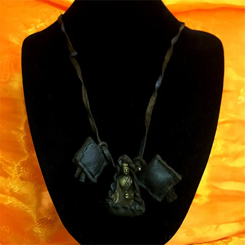Tibetan Medicine BUDDHA Amulet Necklace Small Pocket Buddha with Cow Leather Rope TNL391
