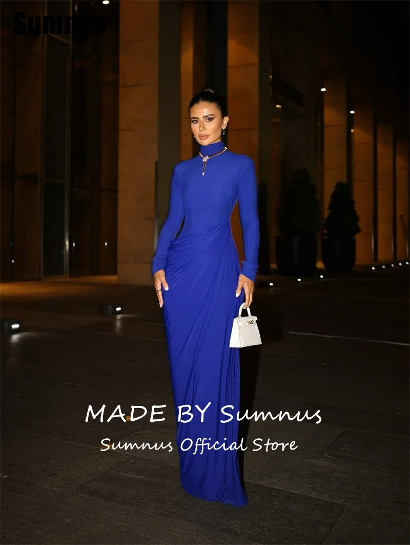 Sumnus – robe de soirée sirène bleu Royal, Simple, col haut, plis, manches longues, robes de bal, personnalisée, 2025