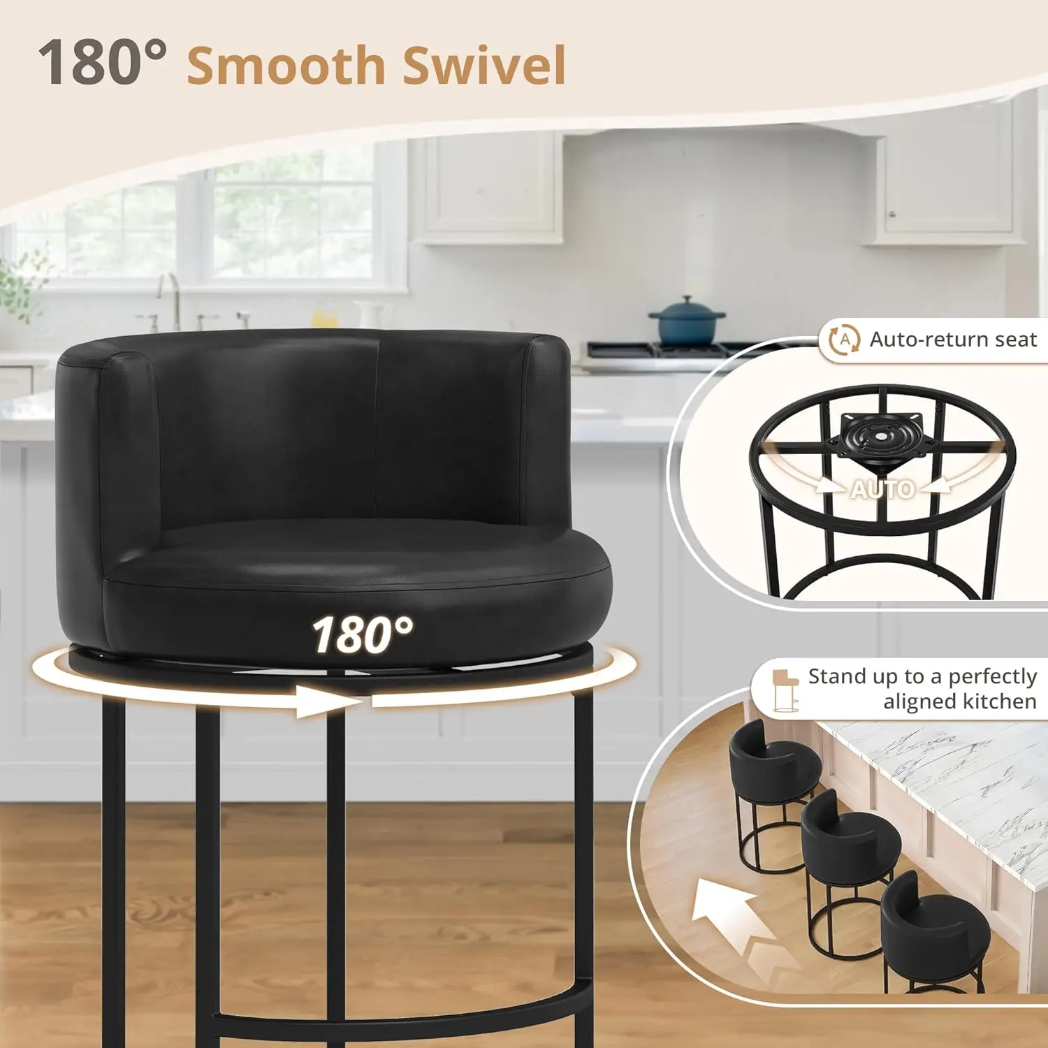 Juego de 4 Taburetes de Bar Giratorios de 26.8 Pulgadas de Altura, Respaldo en Forma de Barril, Cuero Sintético, Estructura Metálica, para Isla de Cocina, Color Negro, Personalizado
