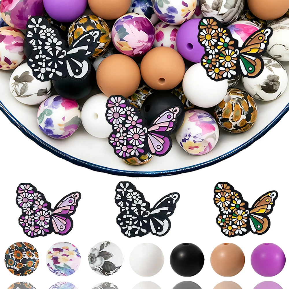 33/34/58-teiliges Set mit Silikonperlen in Form von Blumen und Schmetterlingen, zum Basteln von Halsketten, Armbändern, zur Dekoration von Stiften, Schmuckanhängern usw. Geburtstagsgeschenk für die Feiertage – Detail 1